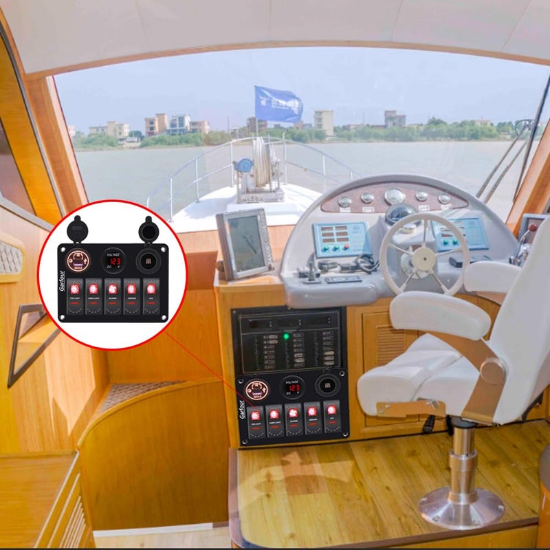 Garfour Red 5 Gang Waterproof Boat Switch Panel Marine Rocker Switch with 12V Voltmeter Type-C and QC 3.0 USB Charging Socket for Car Boat - Image 5